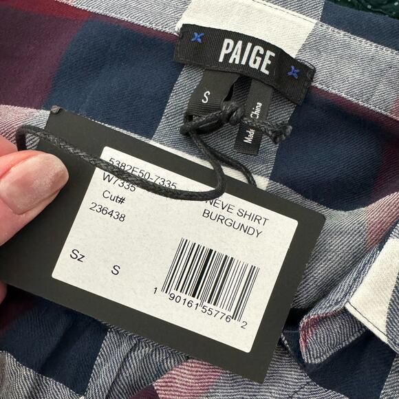 PAIGE Neve Button-Down Plaid Shirt  Burgundy Size SMALL NWT - Picture 12 of 13